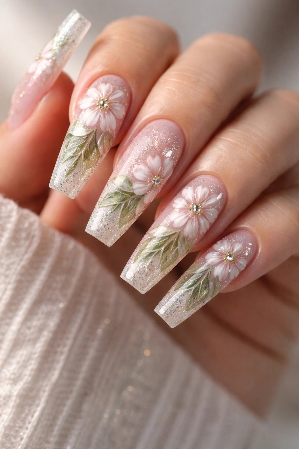 Close-up of five coffin nails with glittery floral designs and dimensional leaves