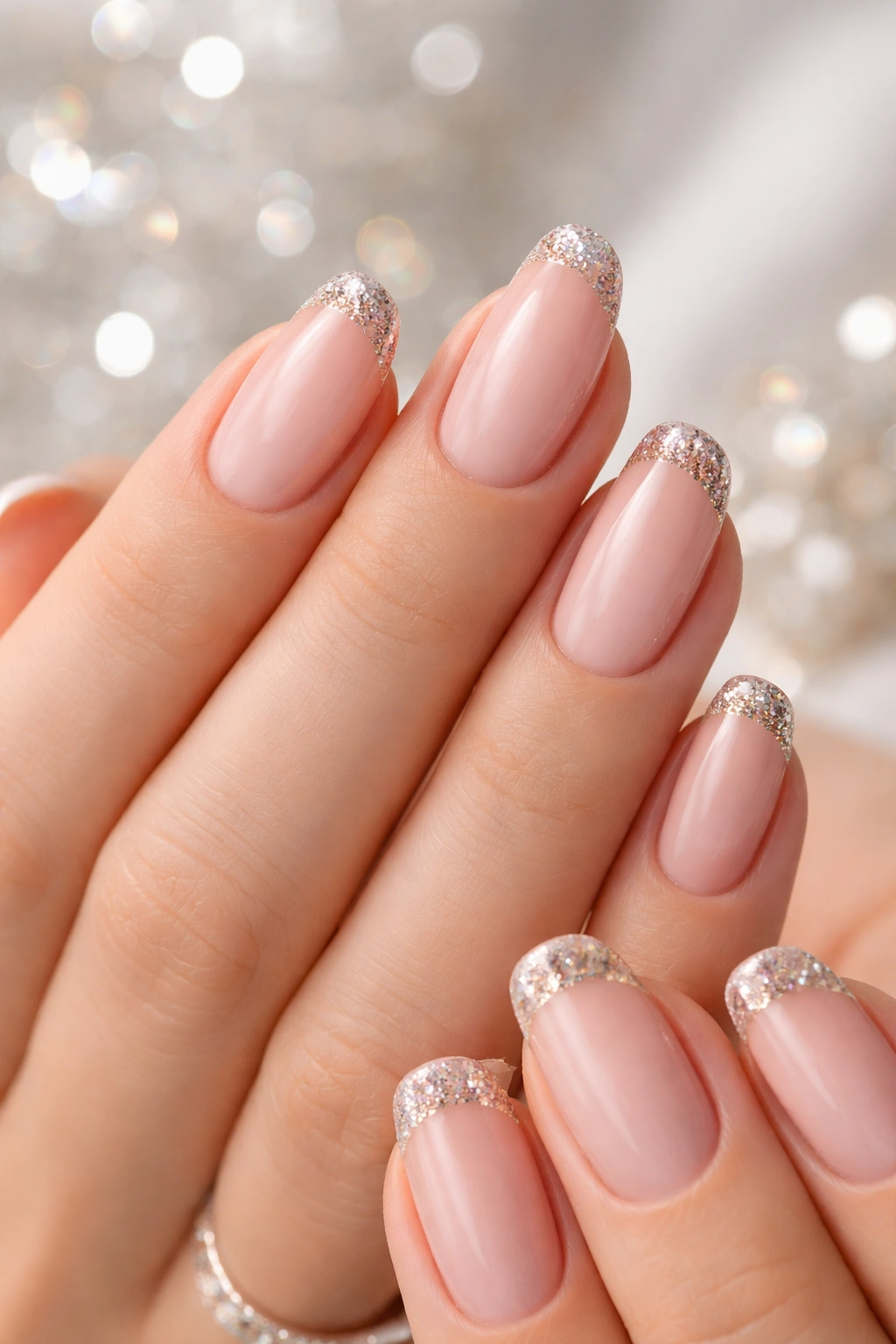 Close-up of hands showing glitter French manicure with sparkling tip glitter and crisp lines