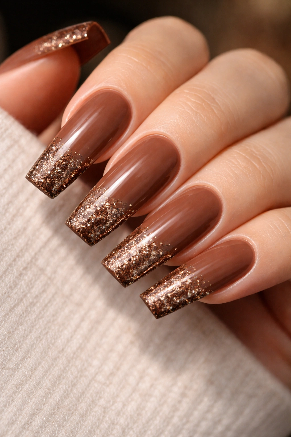 Coffin nails with brown base and glitter French tips