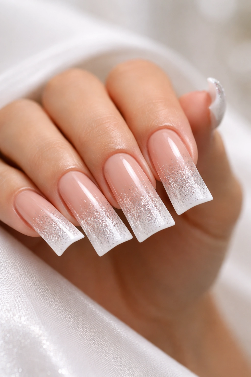 Duck nails with glitter fade French tips on a nude base.