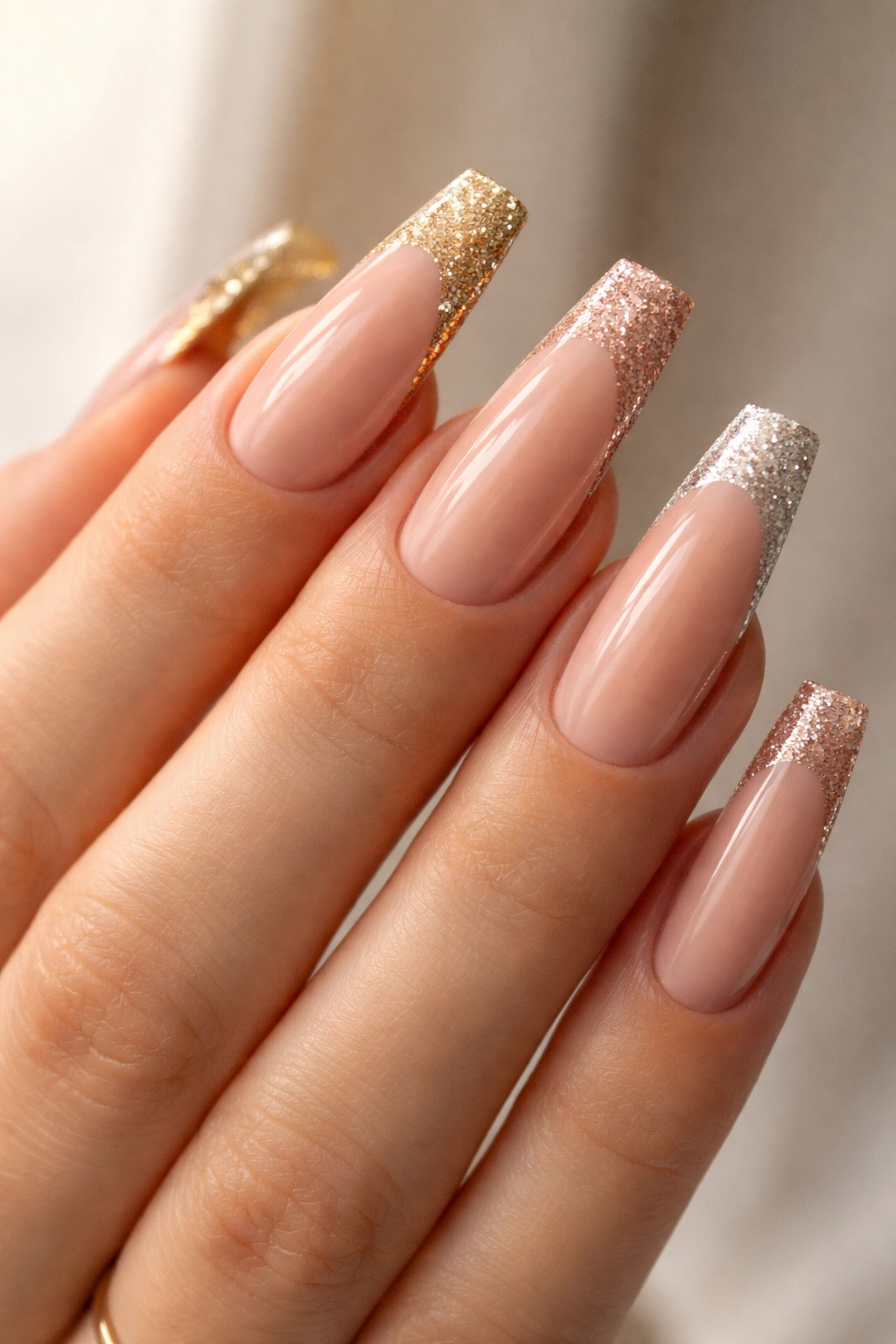 Close-up of coffin nails with glitter tips on a nude base
