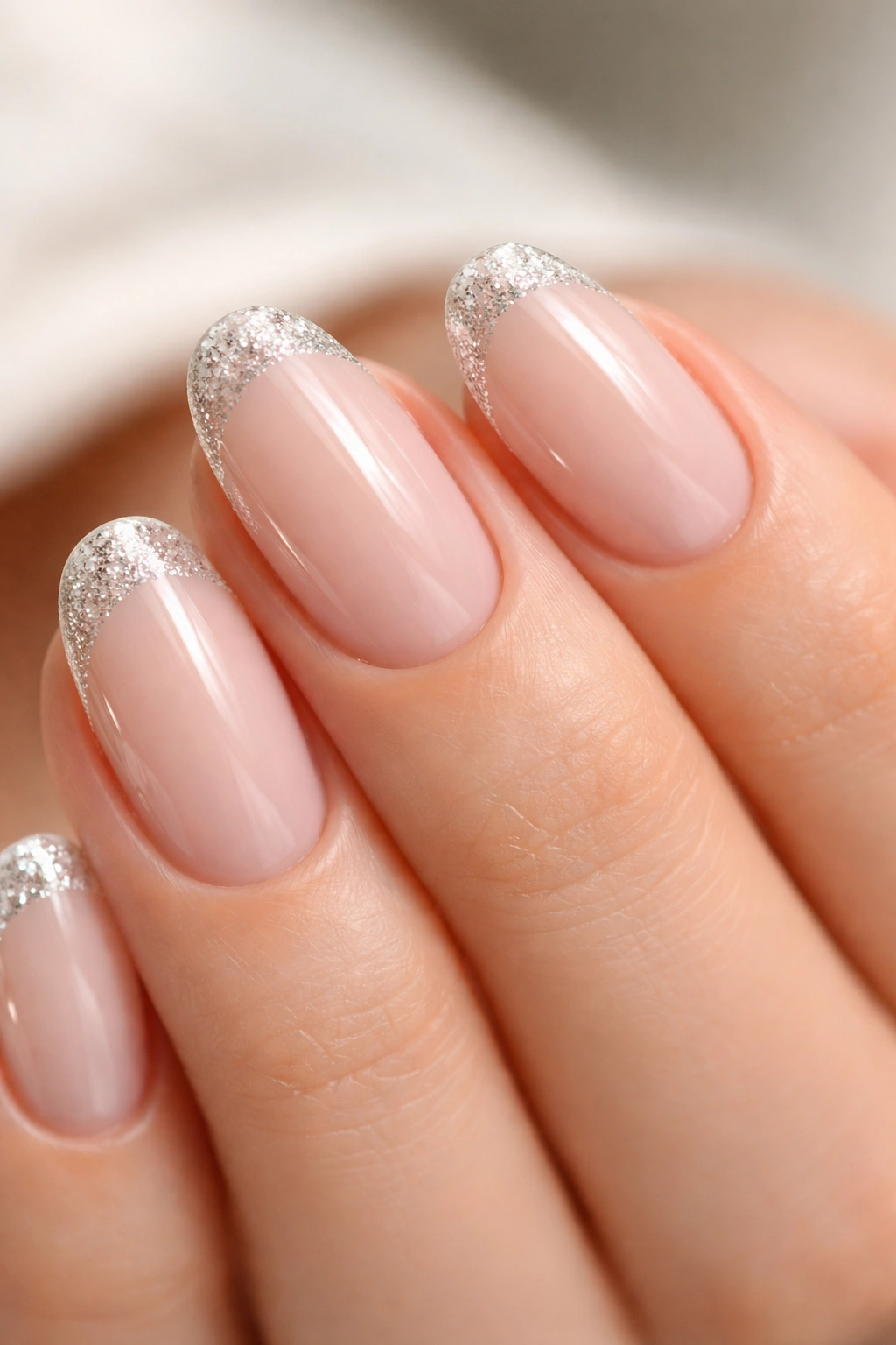 Close-up of short almond nails with slim glitter tips catching light at the edge