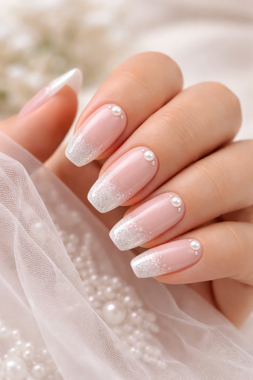 Bridal nails with glittery French tips and pearl accents.