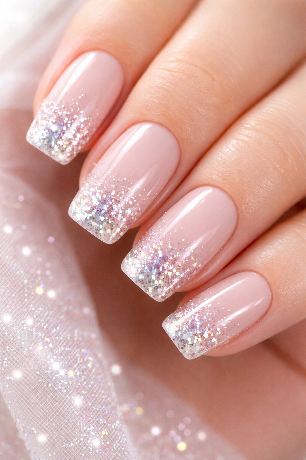 Close-up of nails with glitter glue accents on pastel base