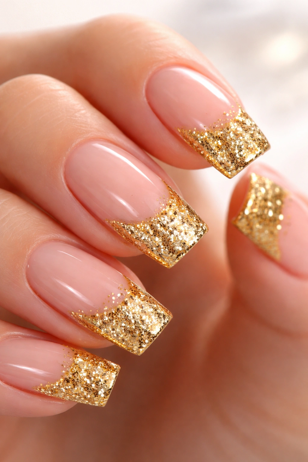 Nails with glittery gold tips on a nude base close-up