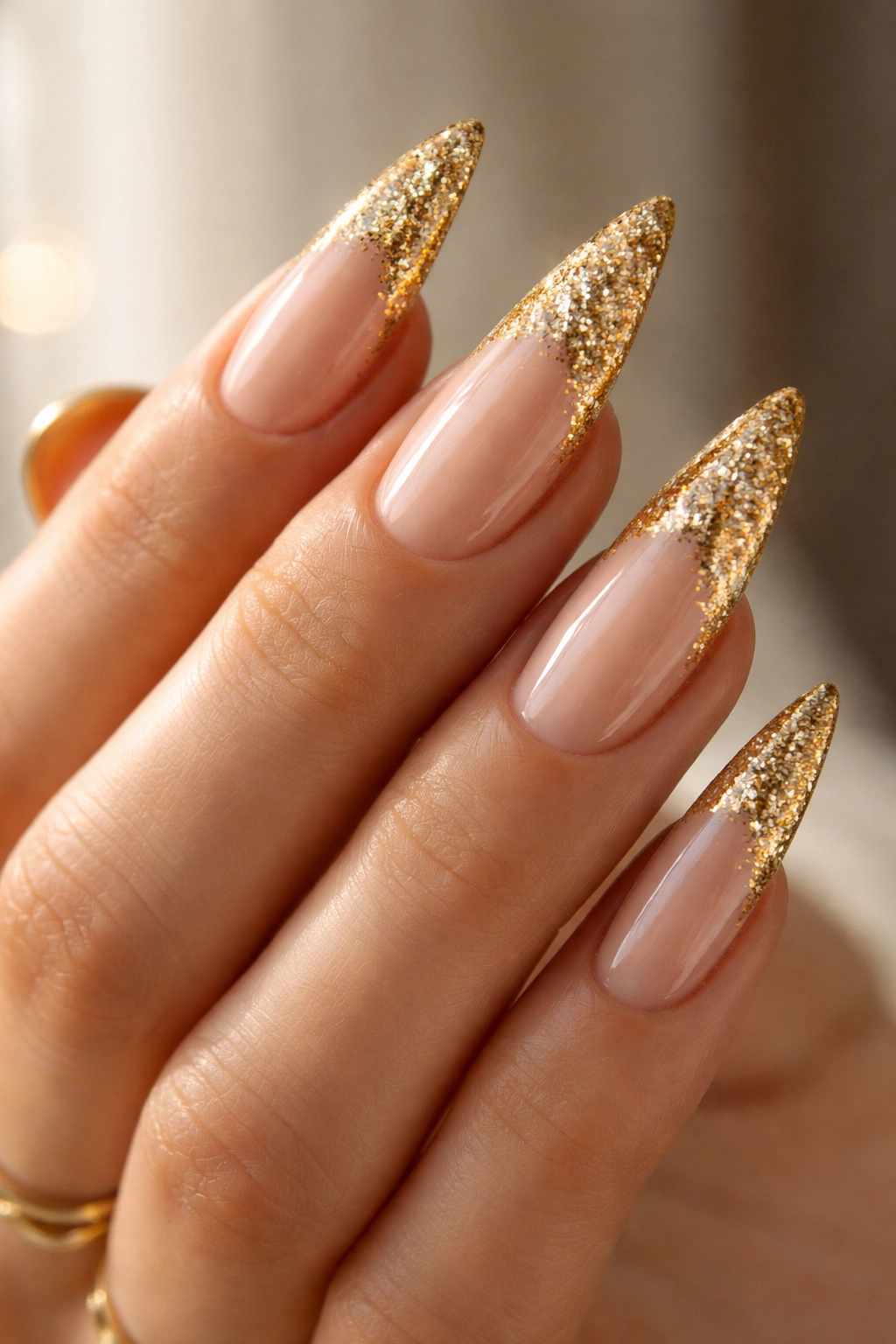 Close-up of stiletto nails with glittery gold tips.