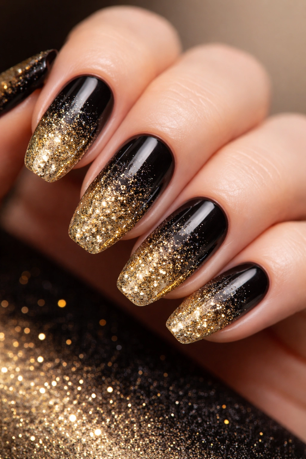 Close-up of black to gold glitter gradient nails