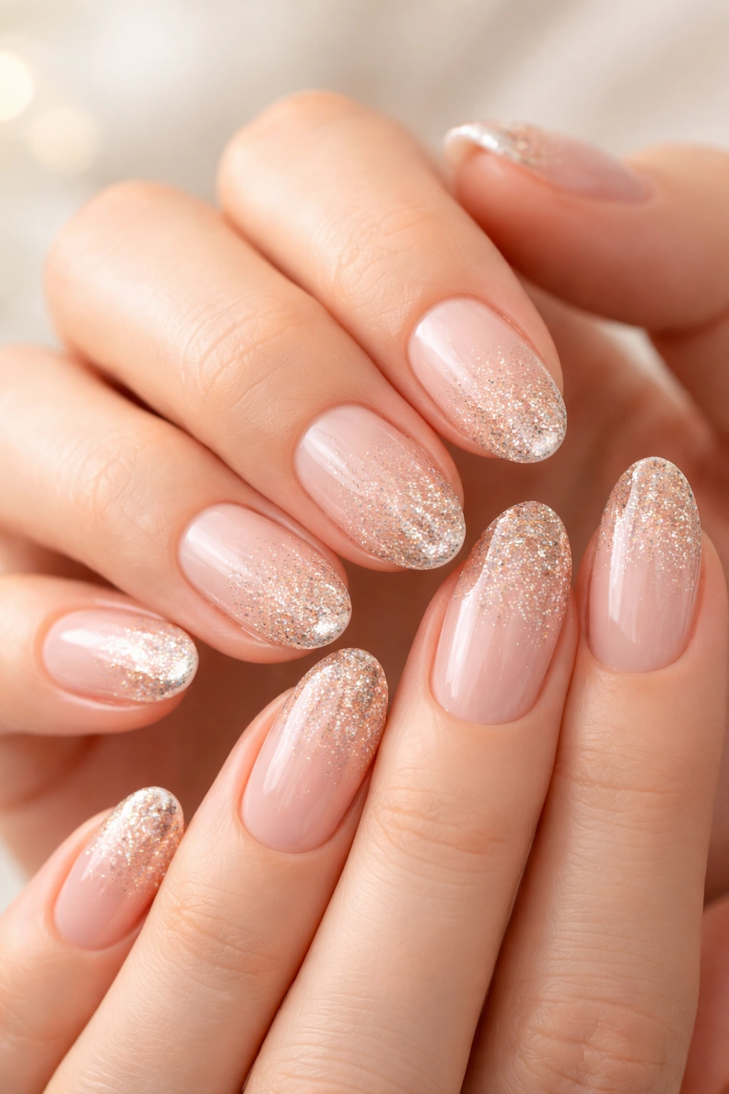 Close-up of hands showing glitter gradient nails at the tips with fine metallic glitter