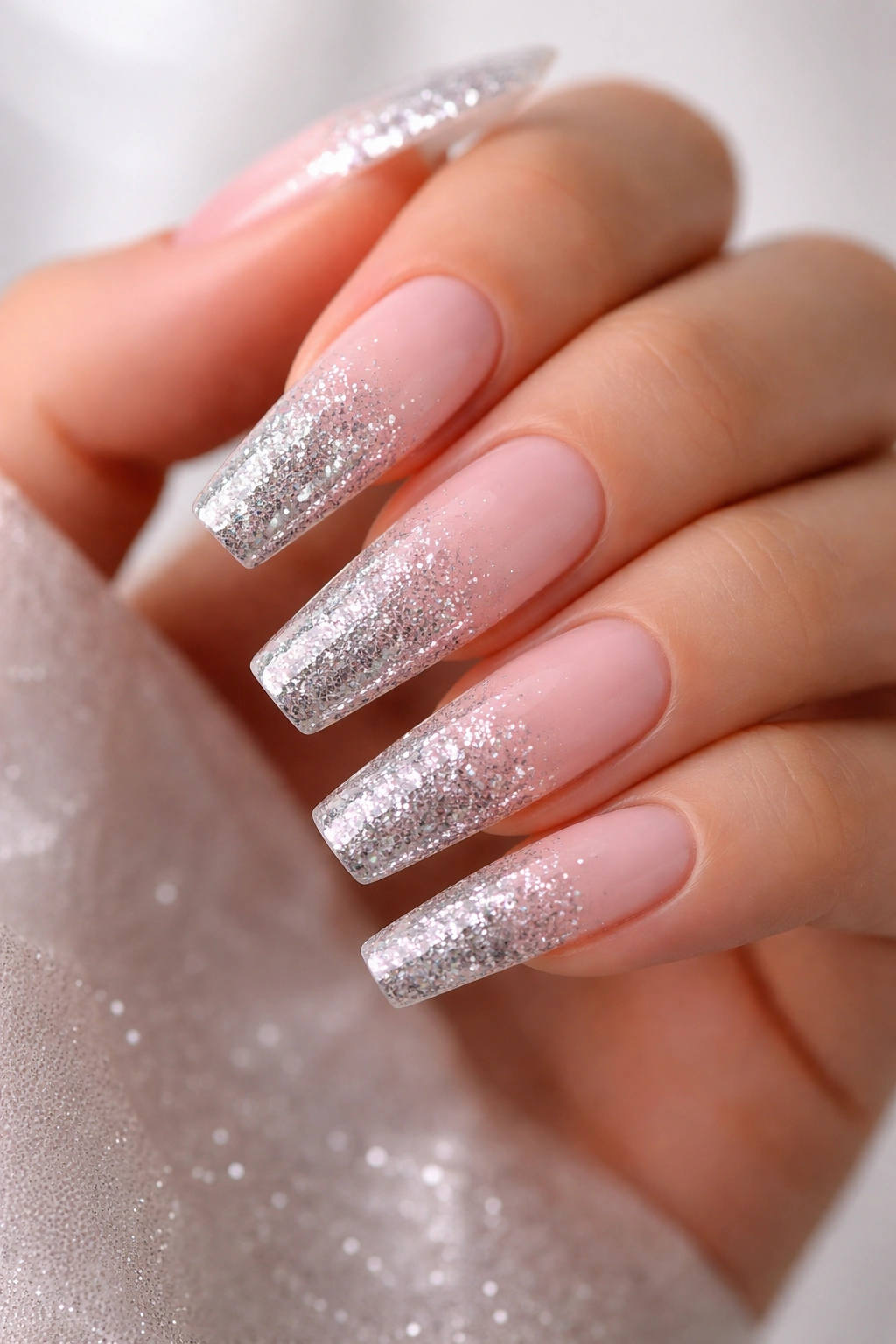 Coffin nails with glitter gradient from tips toward base