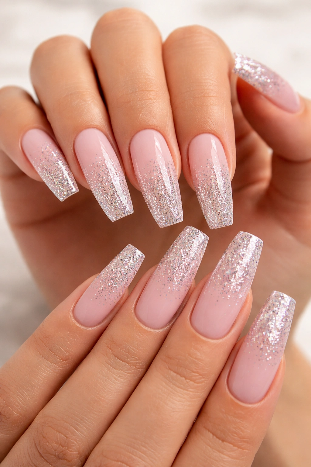 Coffin nails with glitter gradient from base to tip on nude base