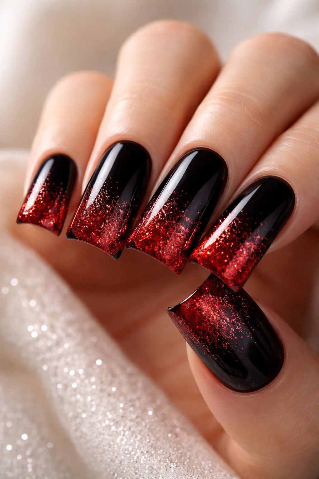 Nails showing black to red glitter gradient with duck silhouette