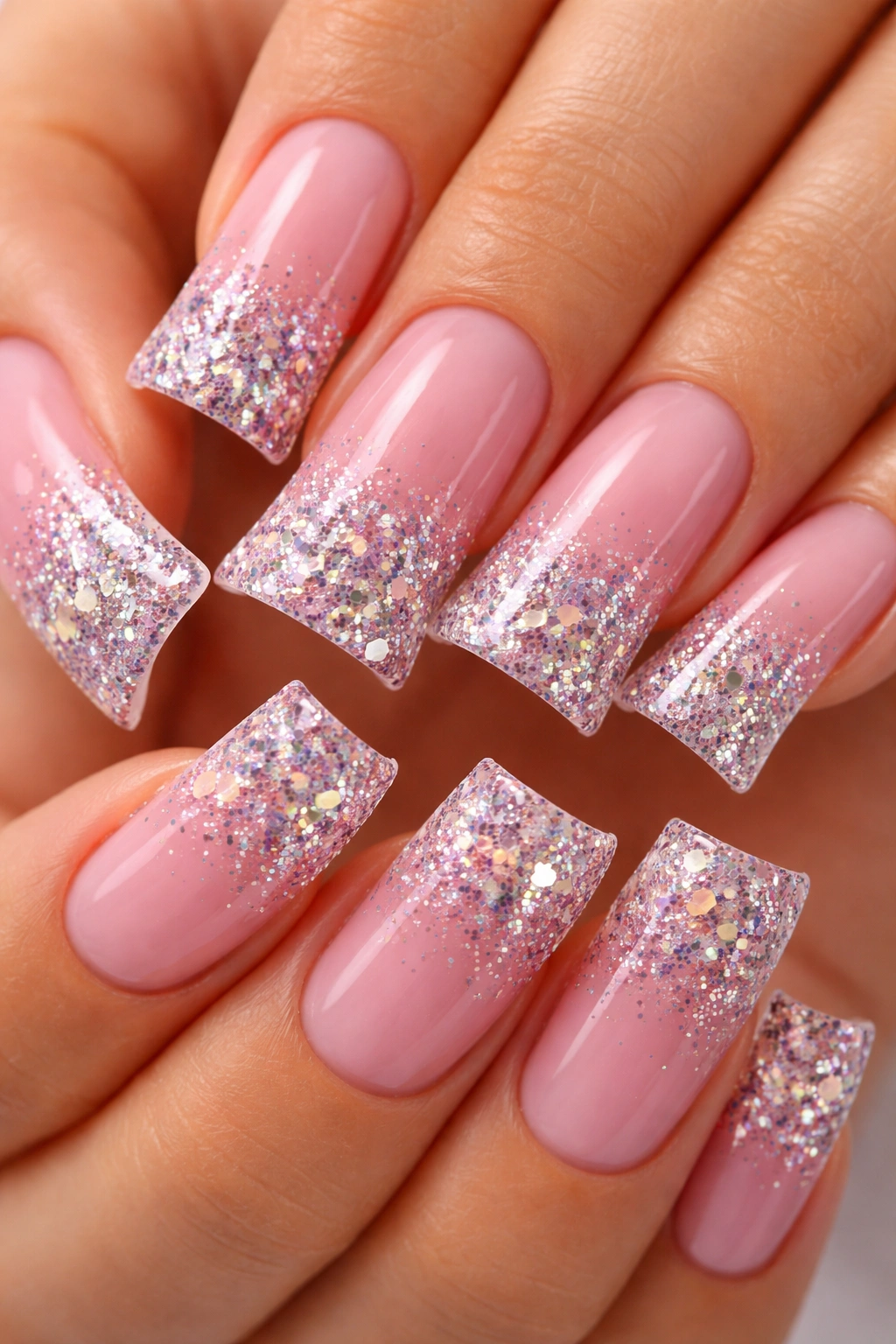 Glitter gradient on duck nail transitioning to dense chunky glitter at tip