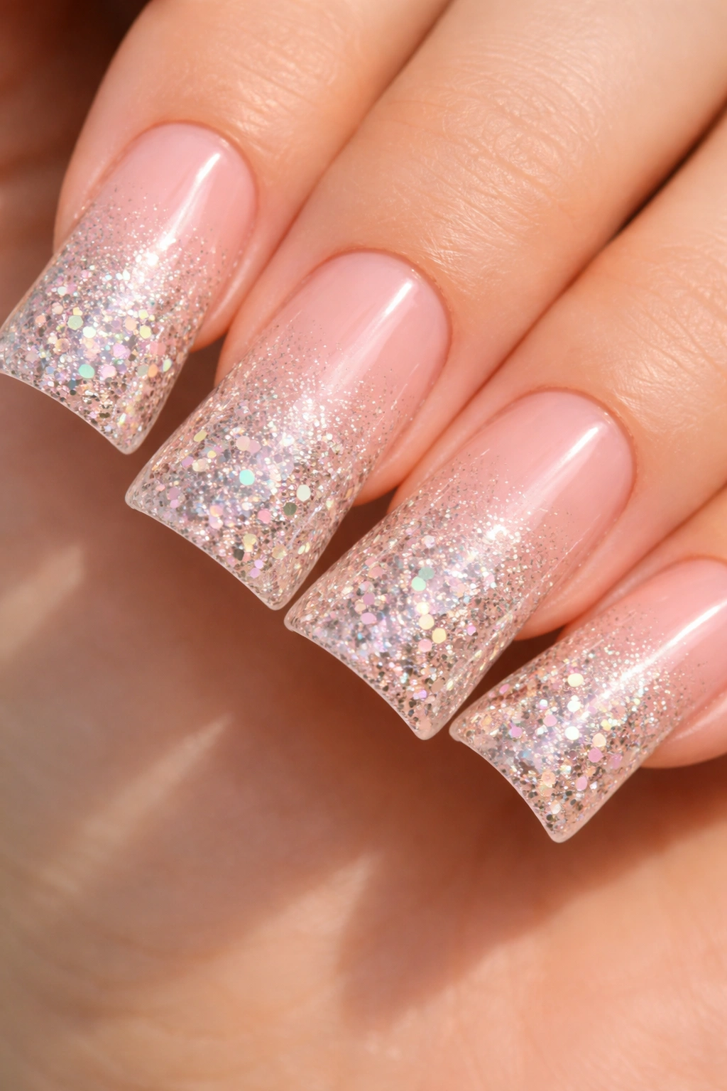 Glitter gradient on duck nails with increasing glitter toward the tips