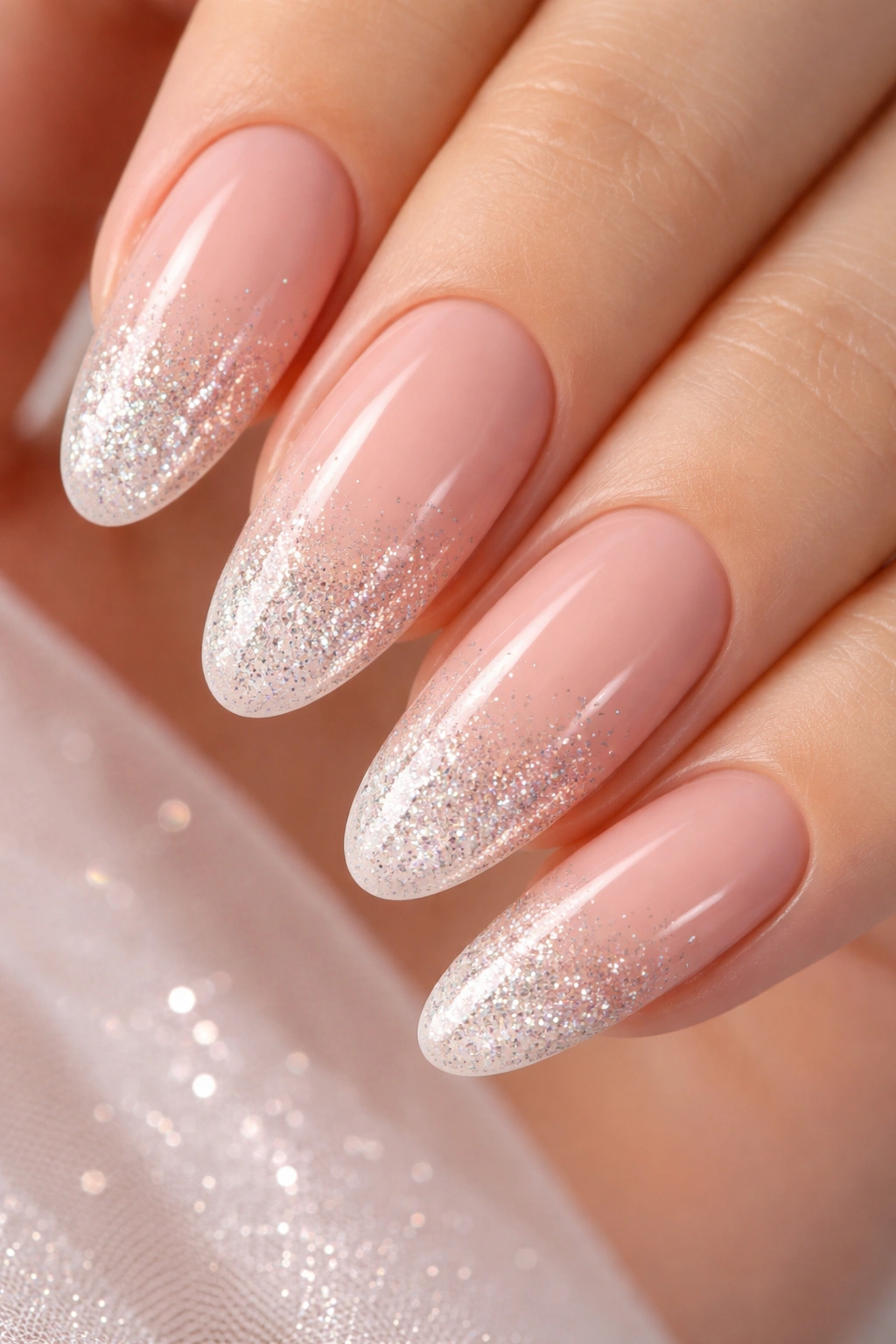 Nude-based long oval nails with glitter gradient at the tips fading into the nude