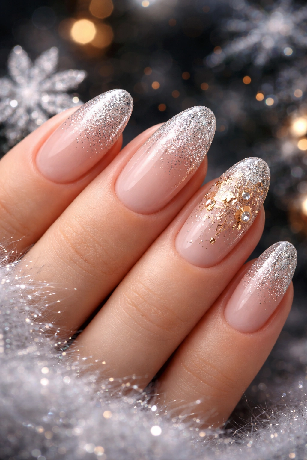 Nails with gold glitter gradient and subtle sparkle