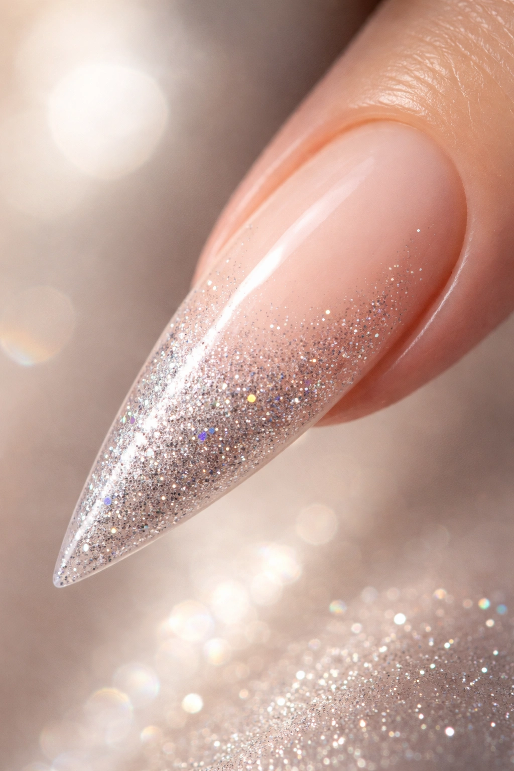 Stiletto nail featuring a nude-to-pink gradient with fine metallic glitter
