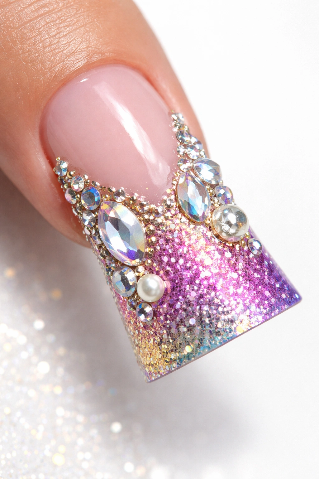 Close-up of a duck nail with glitter gradient and 3D rhinestones on a white background