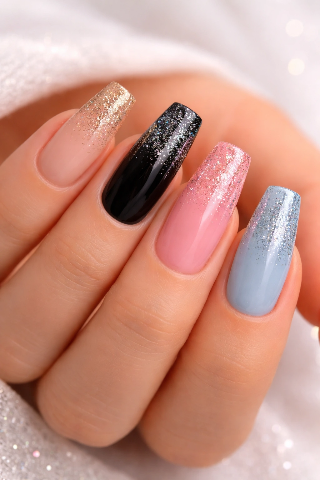 Medium-length nails with a glitter gradient at tips fading toward the cuticle