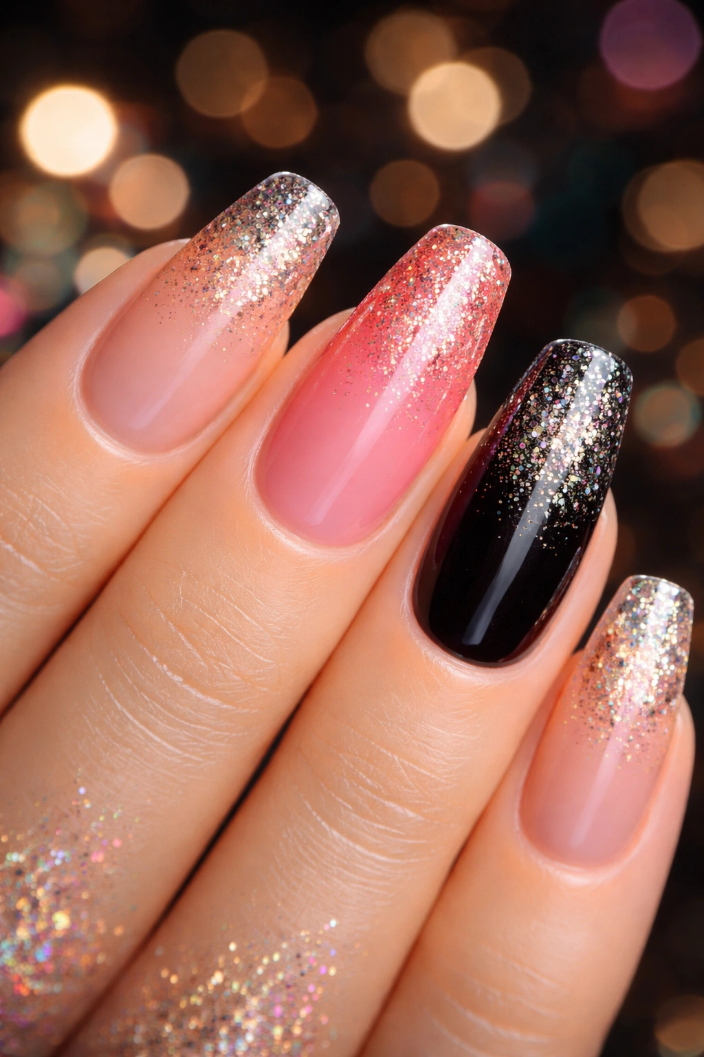 Close-up of glitter gradient nails with tip shimmer