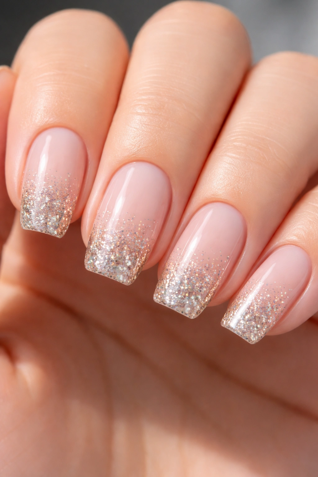 Nails with glitter gradient tips over a solid base color