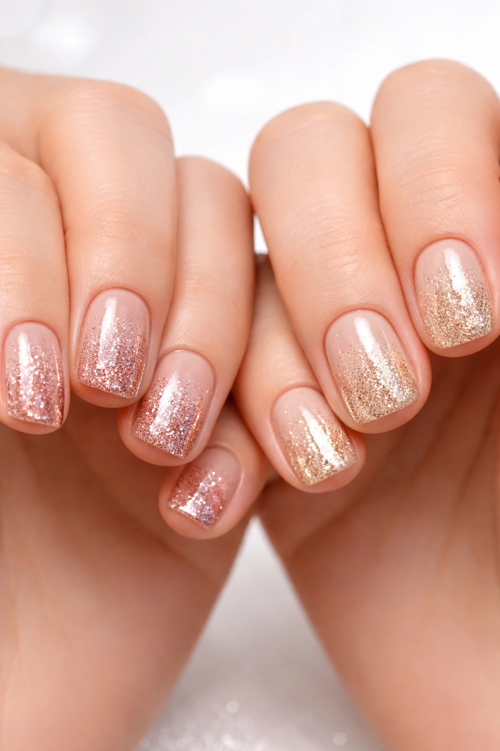 Close-up of two hands with glitter gradient nails on short nails