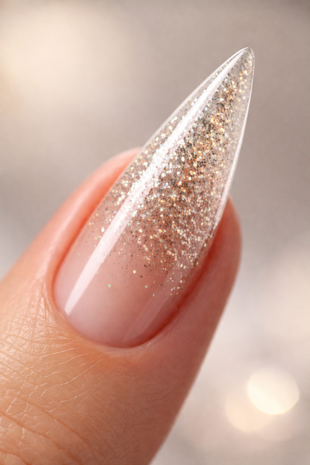 Stiletto nail with glitter gradient fading to clear tip