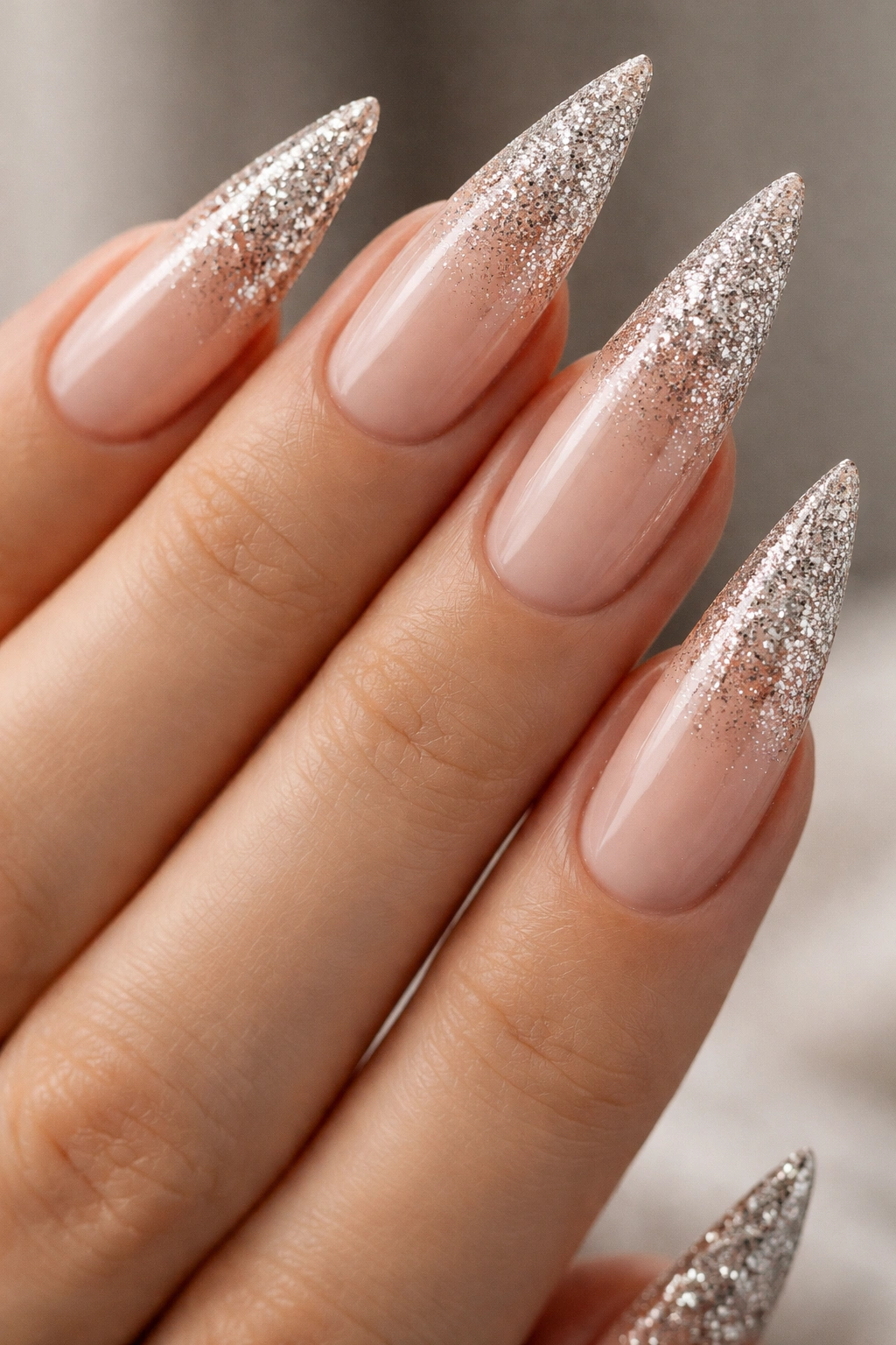 Nude-to-glitter gradient on gel stiletto nails