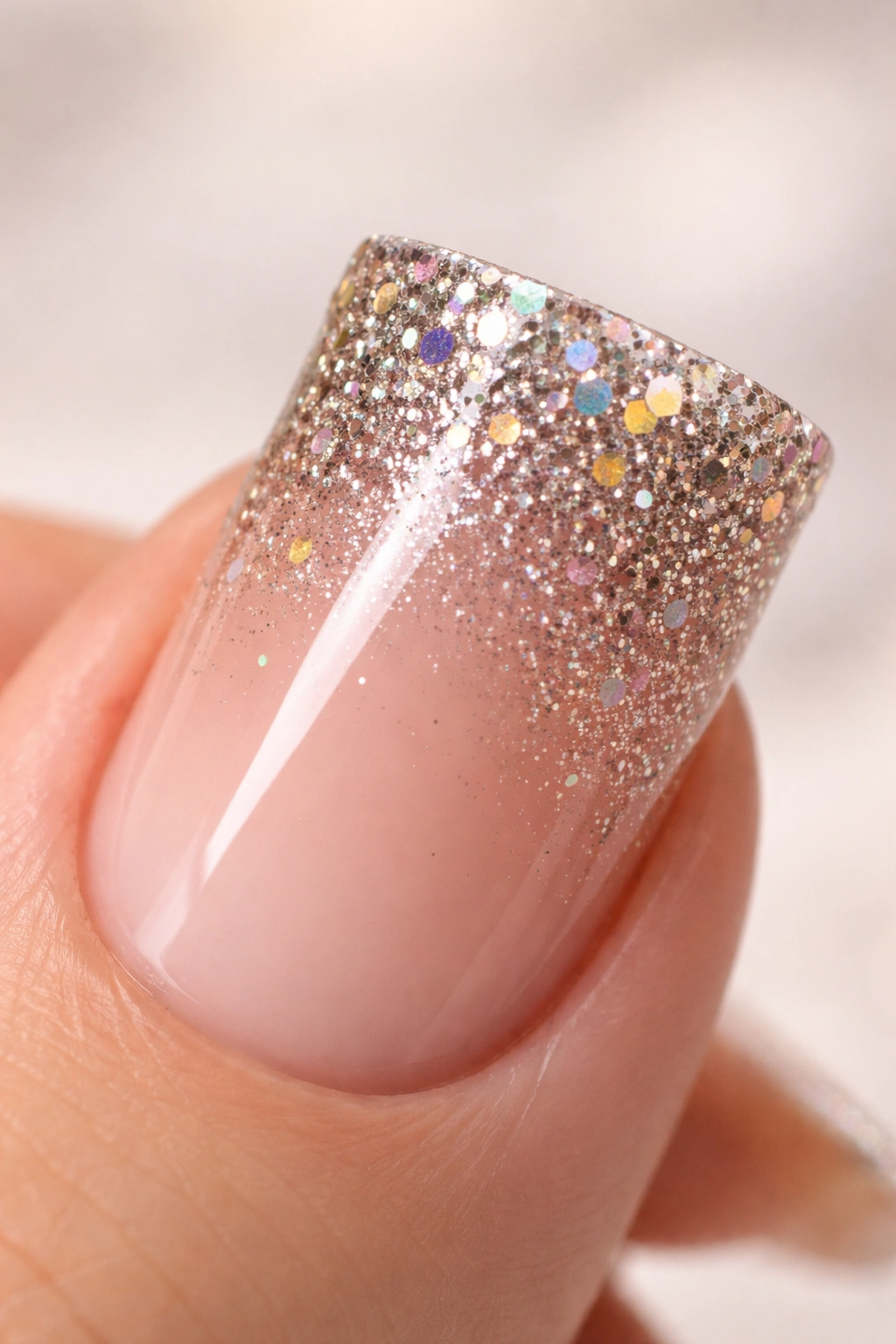 Macro shot of a duck nail with glitter gradient from tip to base on a neutral backdrop.