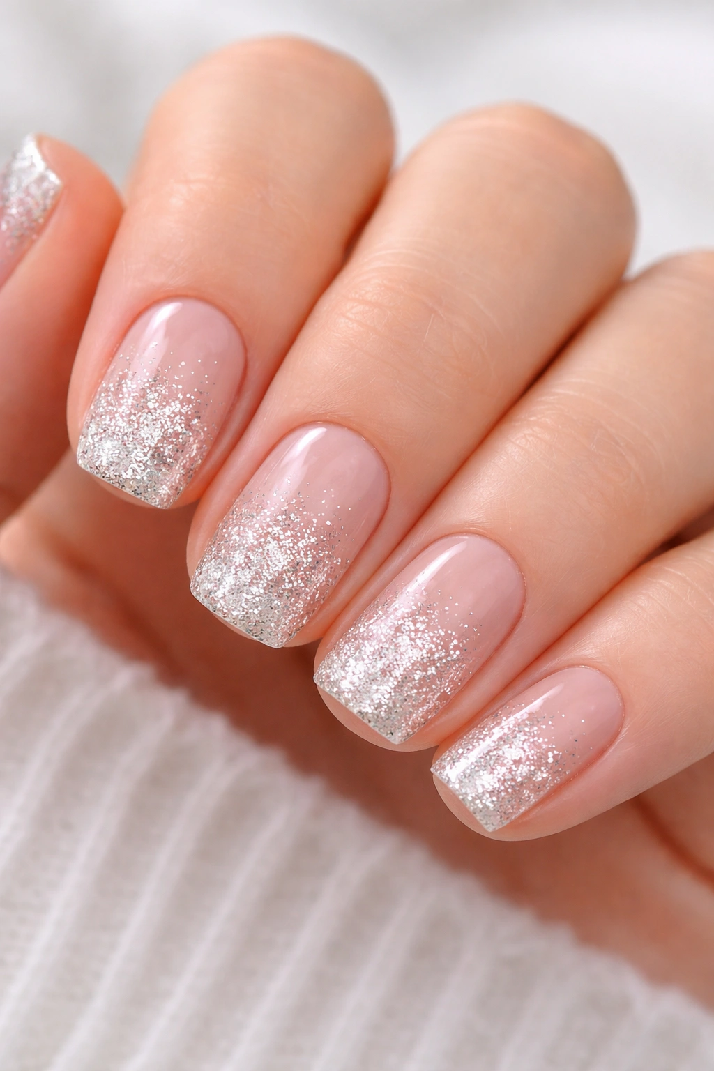 Nails with glitter gradient fading toward the cuticle on a sheer base