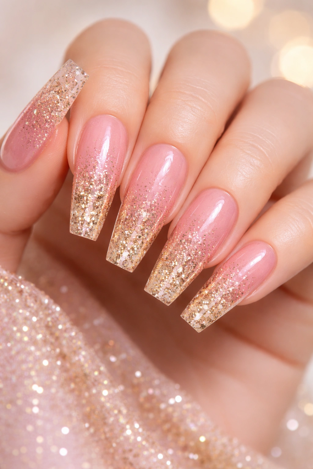 Close-up of glitter gradient coffin nails in pink and gold with sparkle toward tips