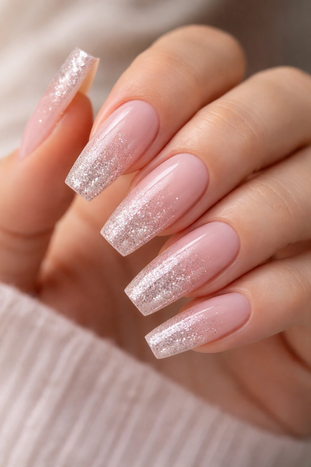 Close-up of long coffin nails with light pink base and glitter gradient at tips