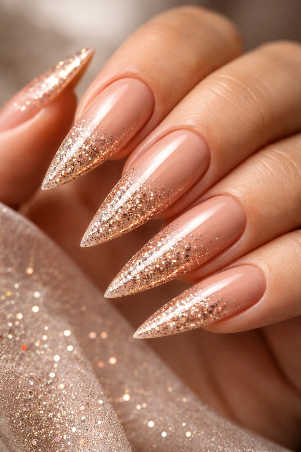 Stiletto nails with sandy-to-nude gradient and glitter tips.