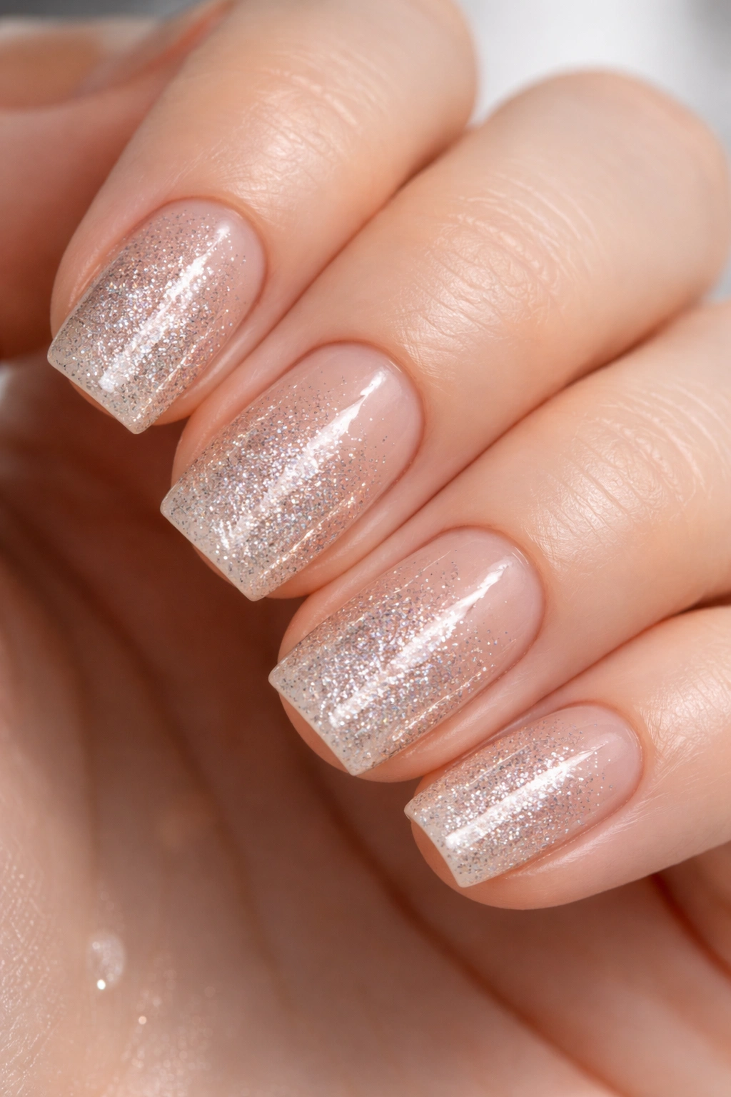 Close-up of short squoval nails with glitter gradient fading toward clear tips