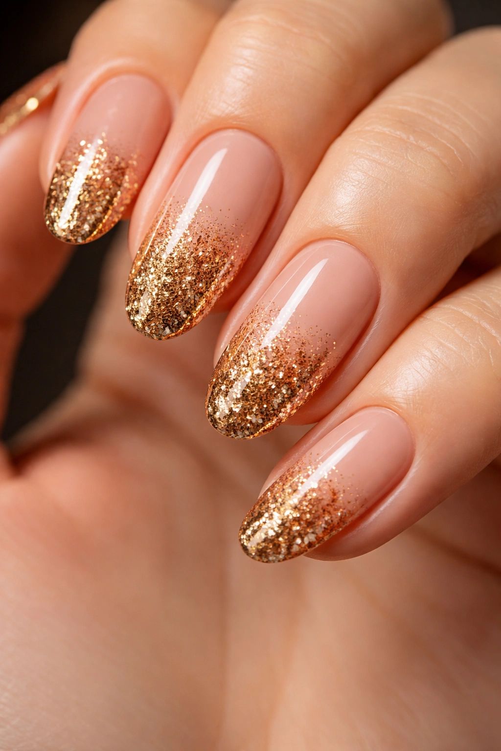 Nails with gold glitter gradient at the tips on nude or burgundy base