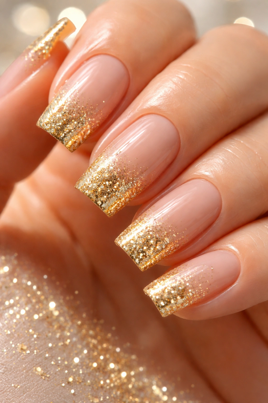 Nude nails with gold glitter gradient at the tips
