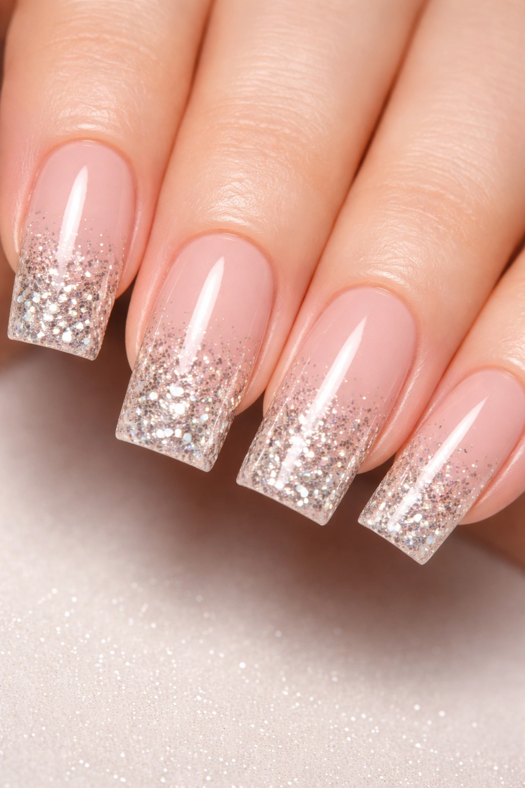 Square nails with glitter gradient from nude base to glittery tips