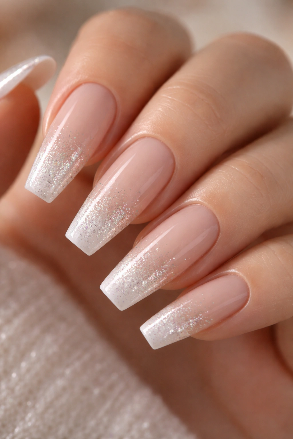 Close-up of long coffin nails with glitter gradient tips on nude base