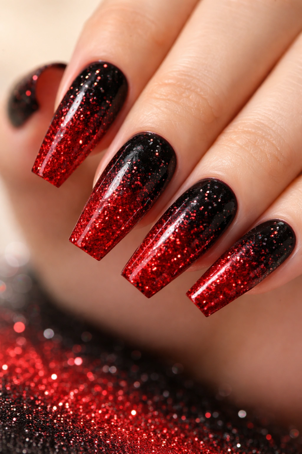 Medium coffin nails with black-to-red glitter gradient