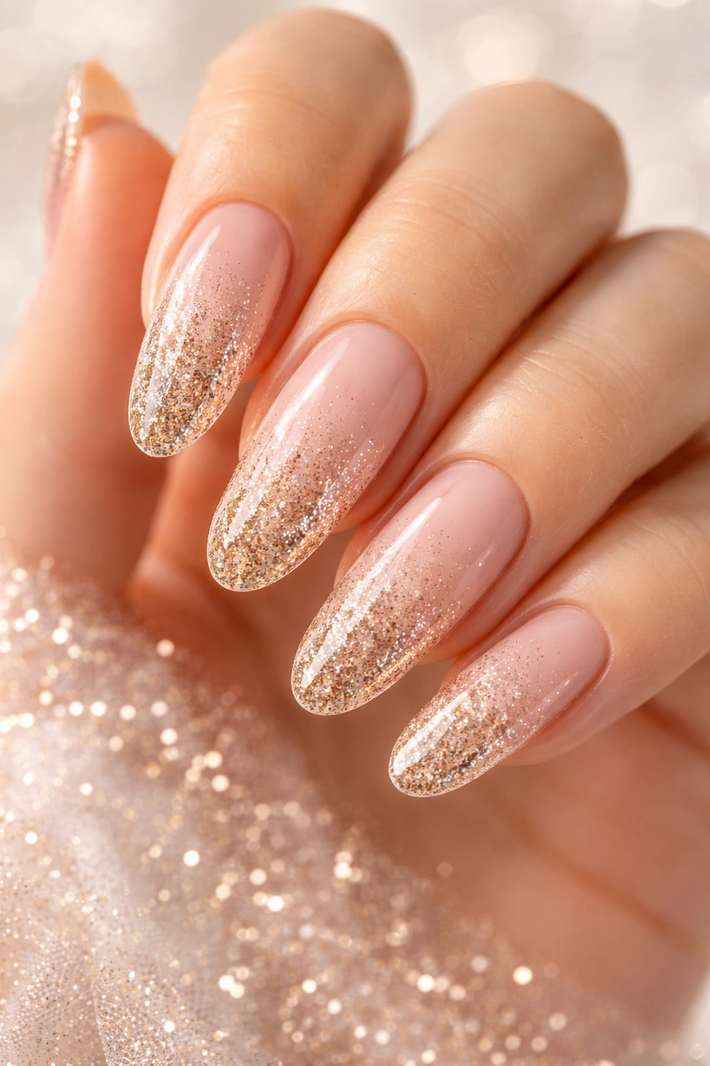 Nails with sheer base and champagne-gold glitter gradient on long ovals