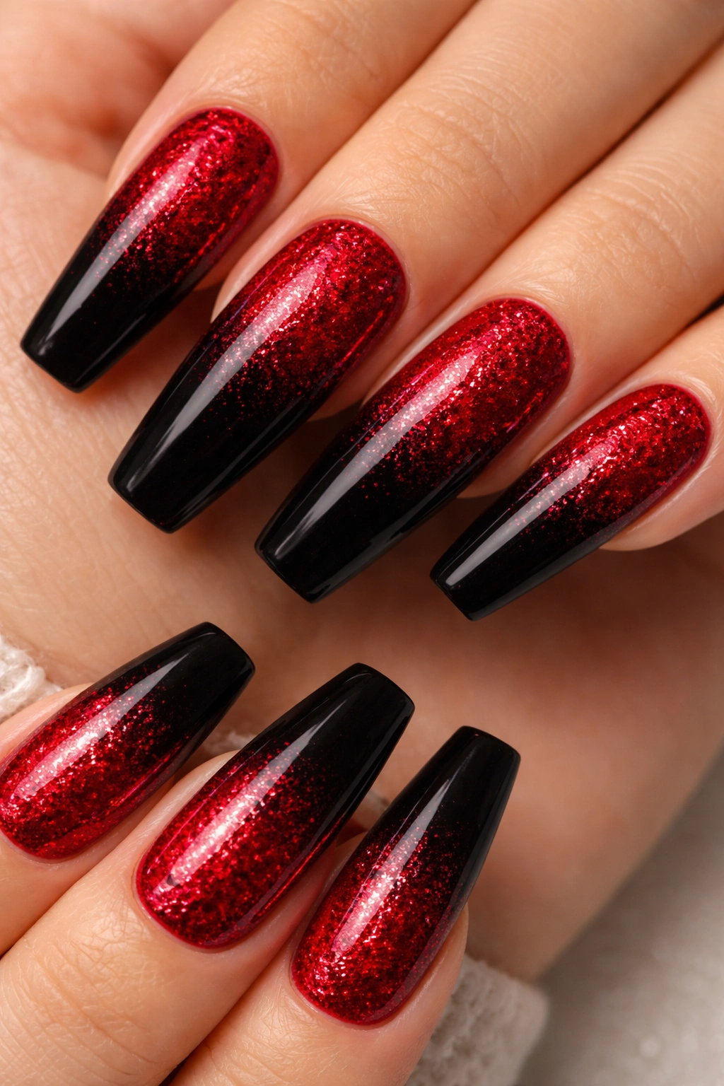 Close-up of red glitter gradient on coffin nails fading to black