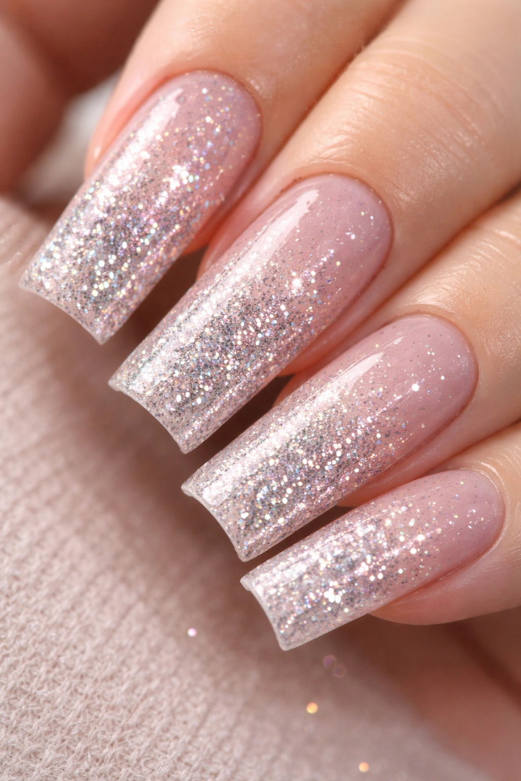 Reverse duck nails with glitter gradient from base to tip