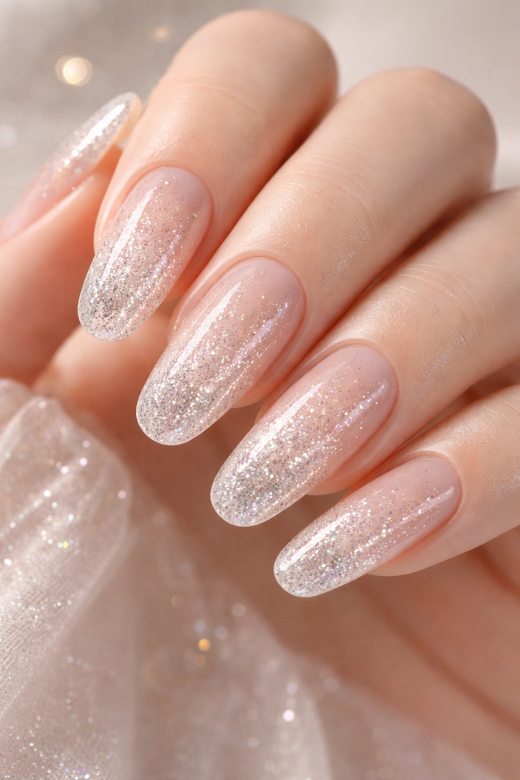 Long round nails with glitter gradient fading to clear at tips