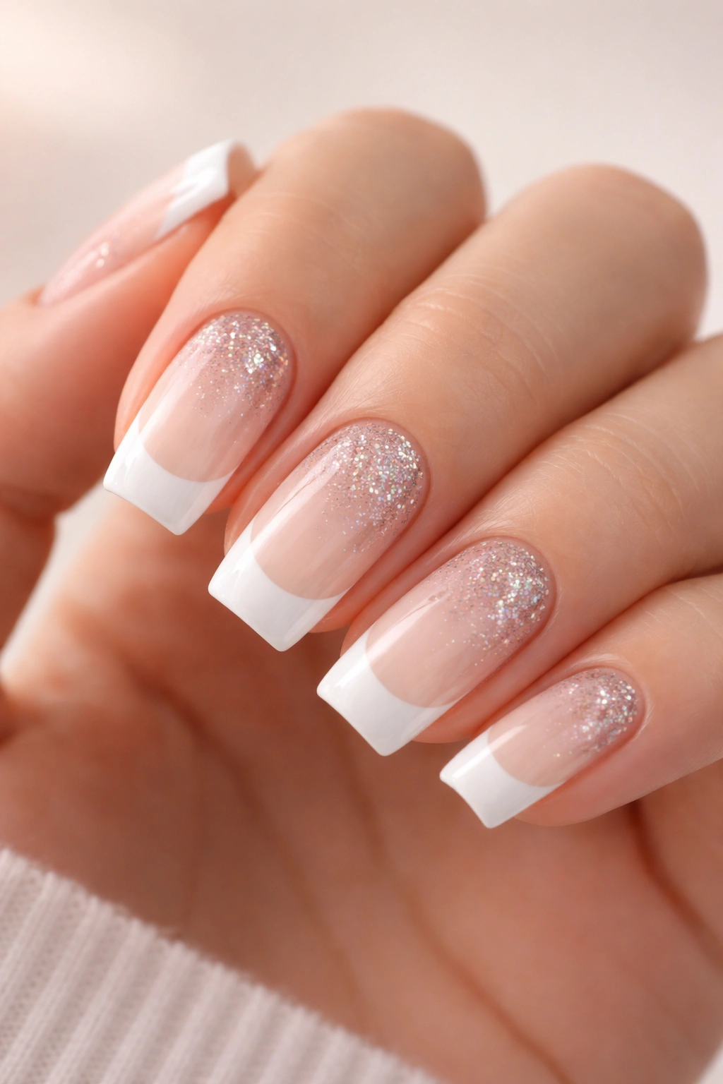 Close-up of soft square nails with glitter gradient on the French tips.