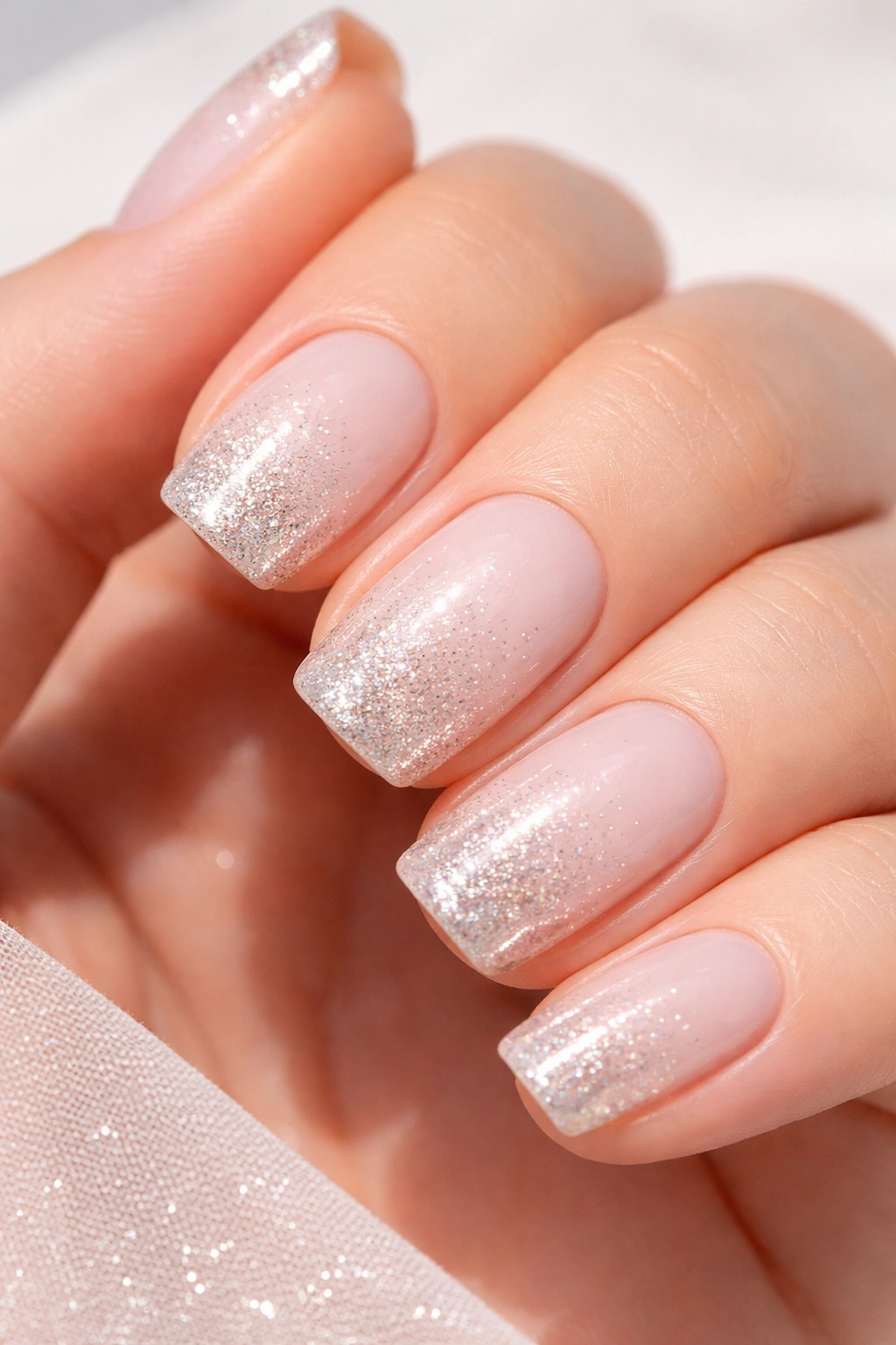 Close-up of short squoval nails with a subtle glitter gradient at the tips