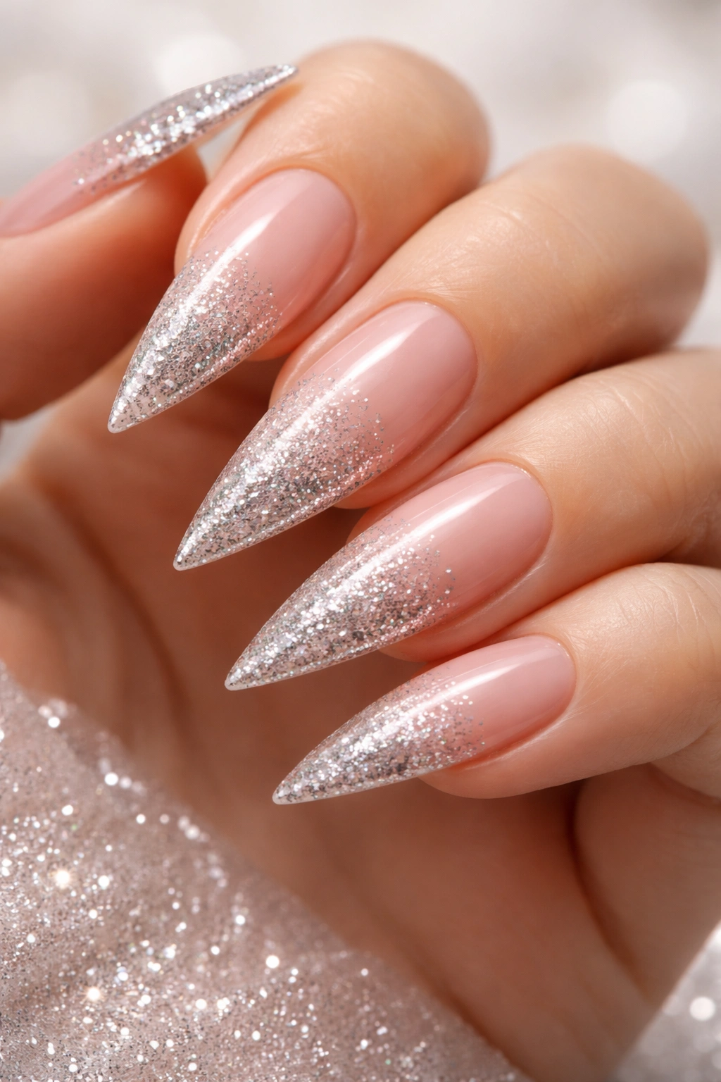 Close-up of nude-to-glitter gradient stilettos nails with subtle sparkle