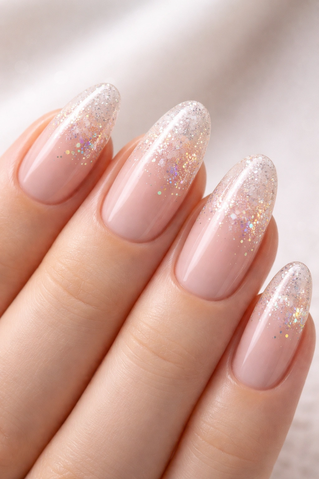Close-up of Sunken Glitter Gradient nails showing embedded sparkles in a milky base with gradient