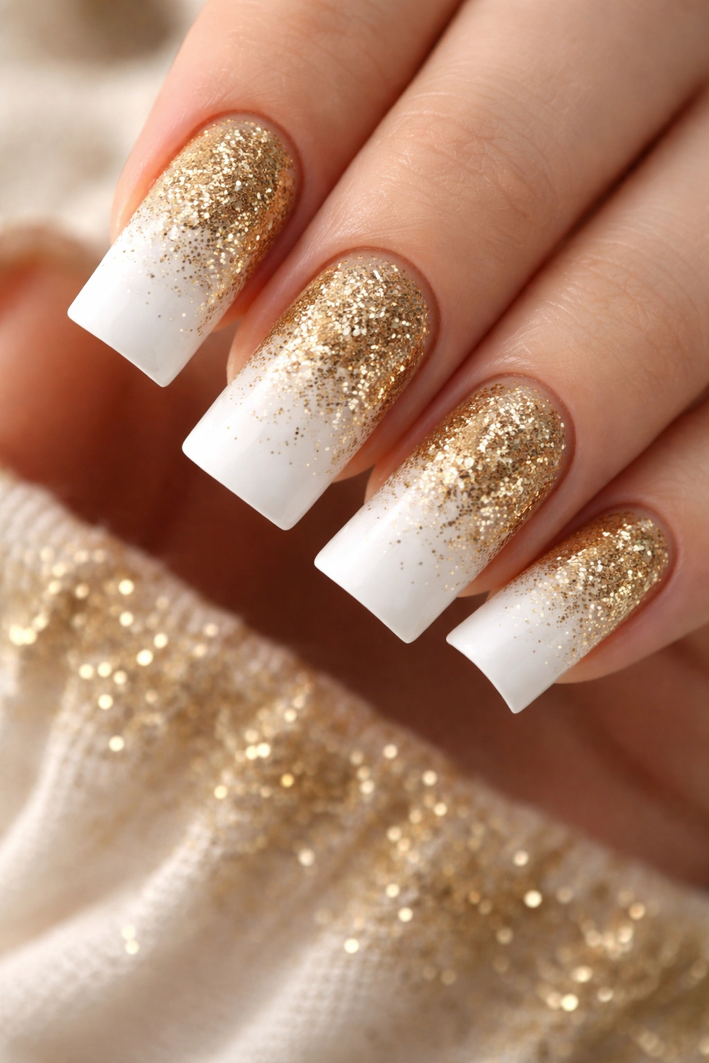 Nails with gold glitter gradient on white base
