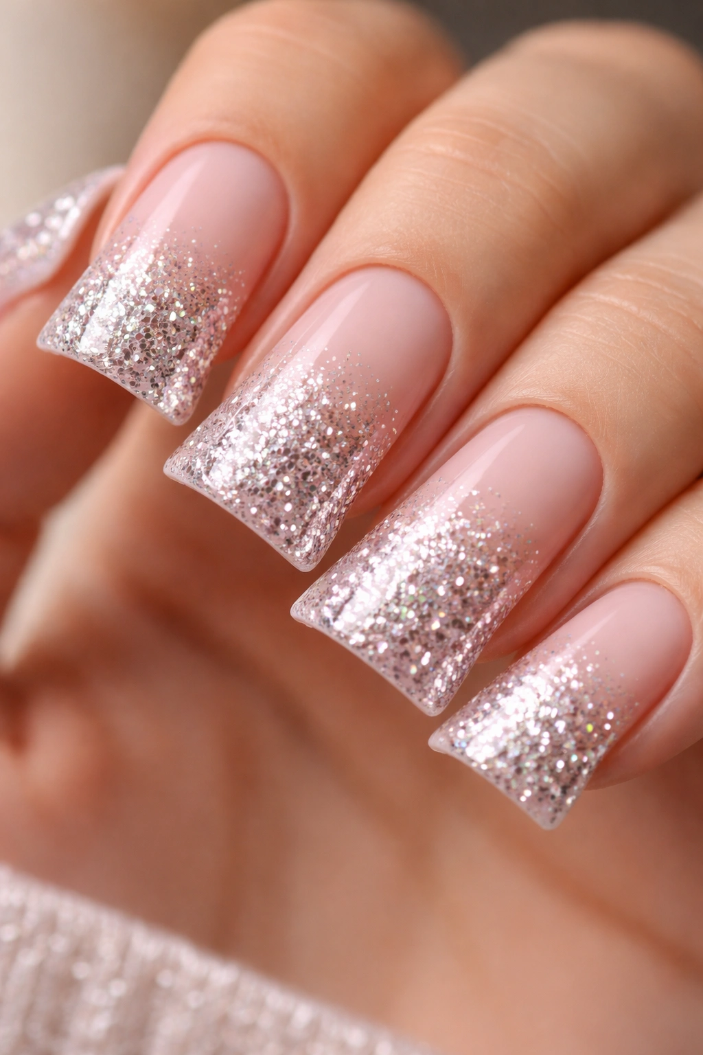 Wide duck nails with glitter gradient from base to tip