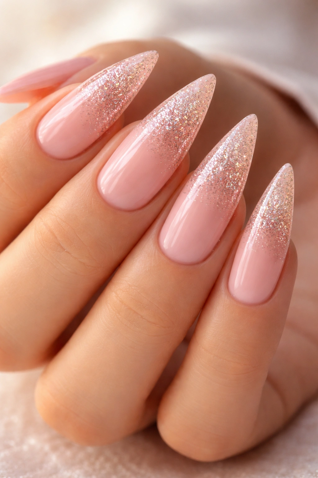 Close-up of baby pink nails with nude glitter gradient at tips