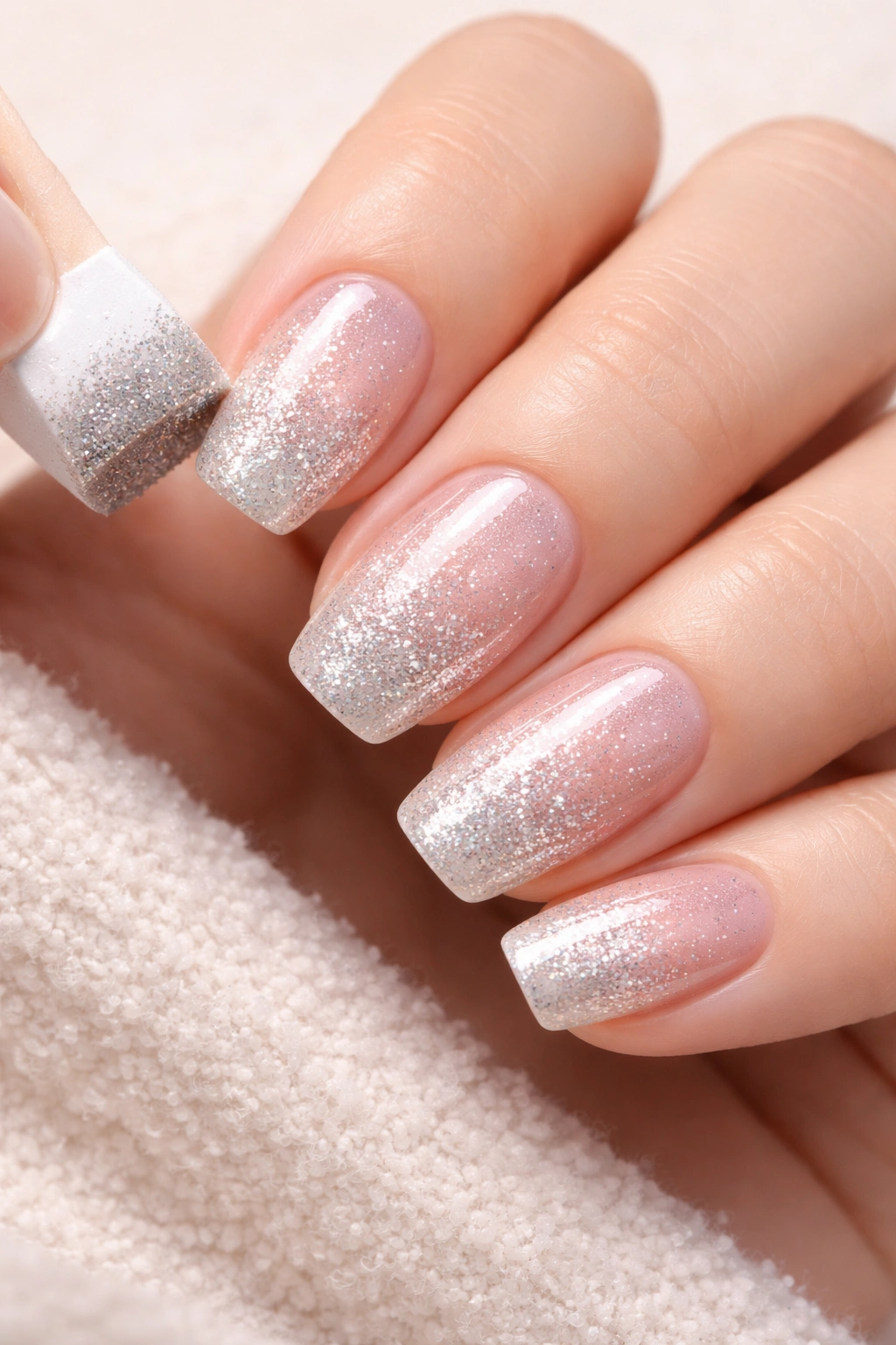 Nails with glitter gradient fade using sponge technique